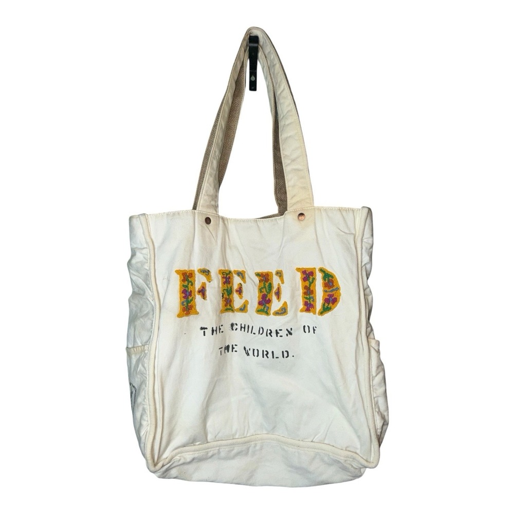 Feed The Children Of The World Tote Bag Canvas Floral Burlap Reversible WFP